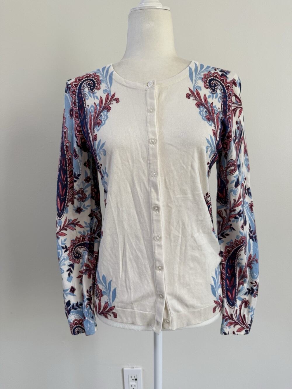 Talbots Women White Floral LS Button Up Cotton Rayon Cardigan Top M